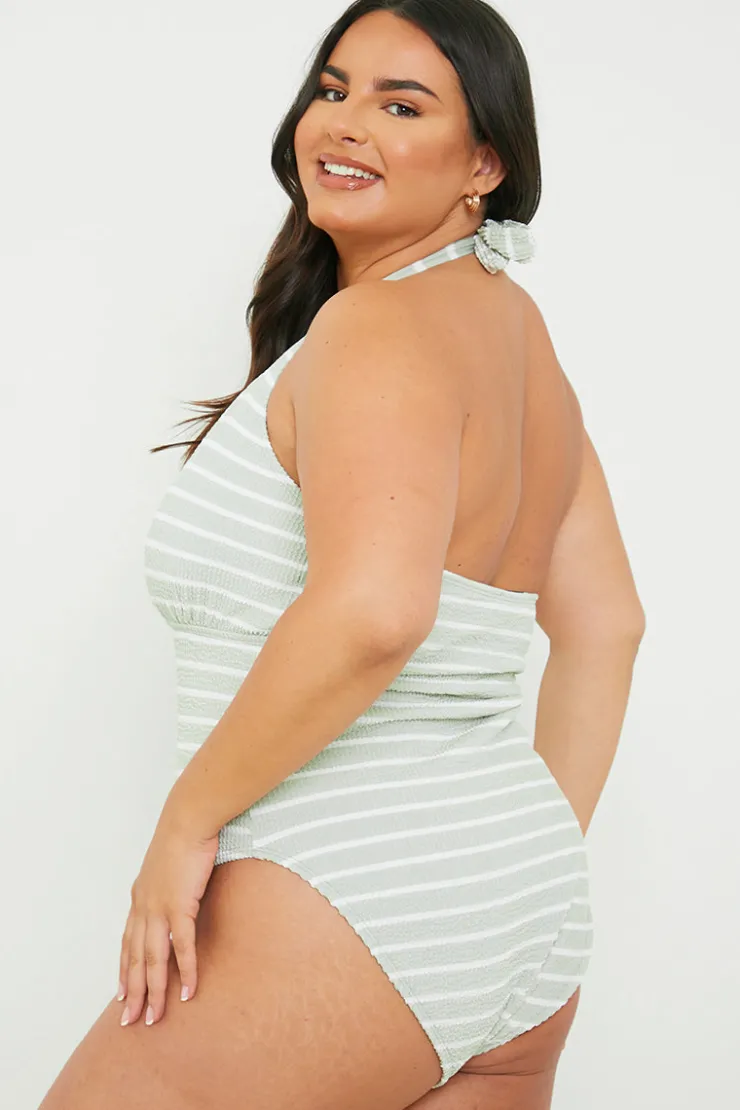 Online In the Style Control Crinkle Stripe Halter Swimsuit with Ruched Sides Sage