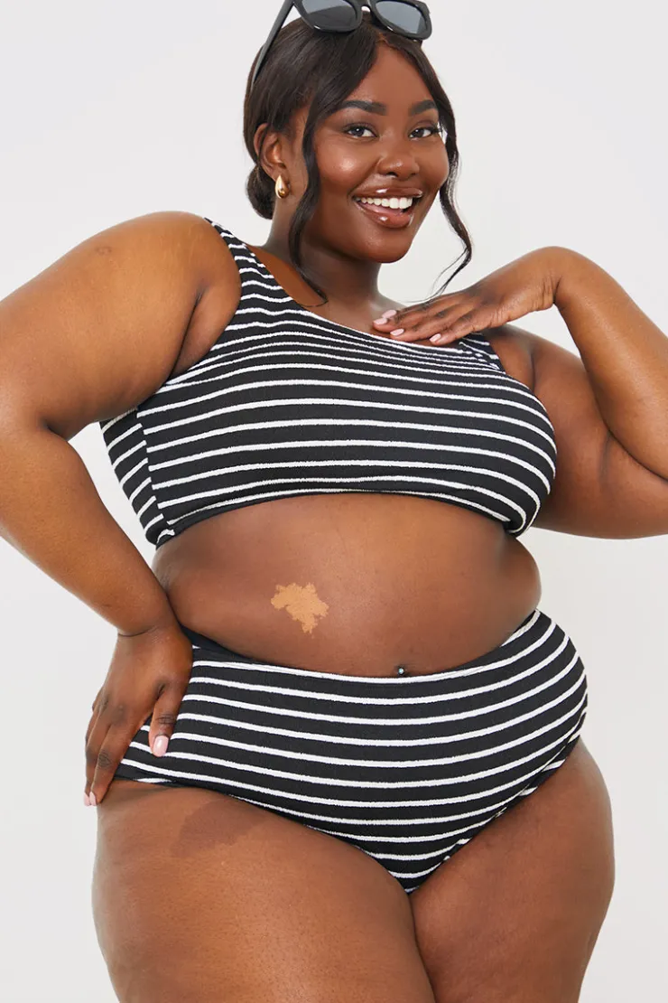 Clearance In the Style Control Crinkle Stripe High Waisted Bikini Bottom Black