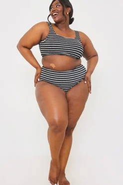 Clearance In the Style Control Crinkle Stripe High Waisted Bikini Bottom Black