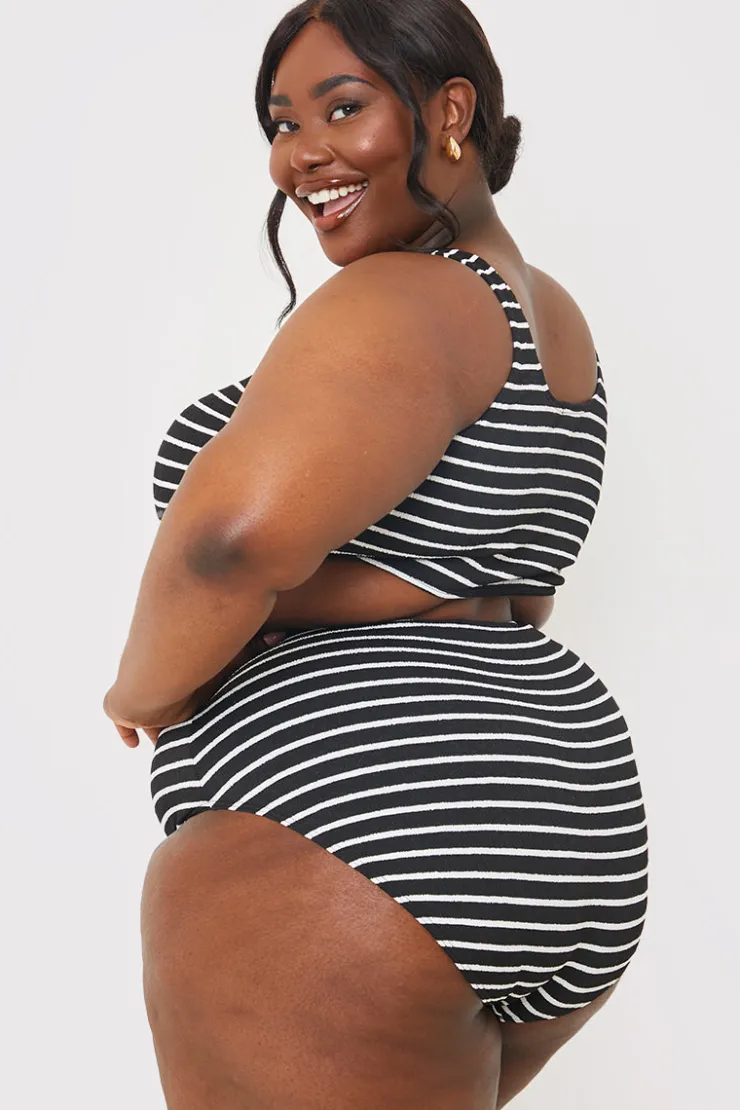 Clearance In the Style Control Crinkle Stripe High Waisted Bikini Bottom Black