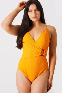 Discount In the Style Control Crinkle Wrap Front O Ring Swimsuit Orange