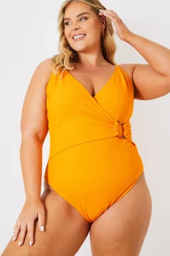 Discount In the Style Control Crinkle Wrap Front O Ring Swimsuit Orange