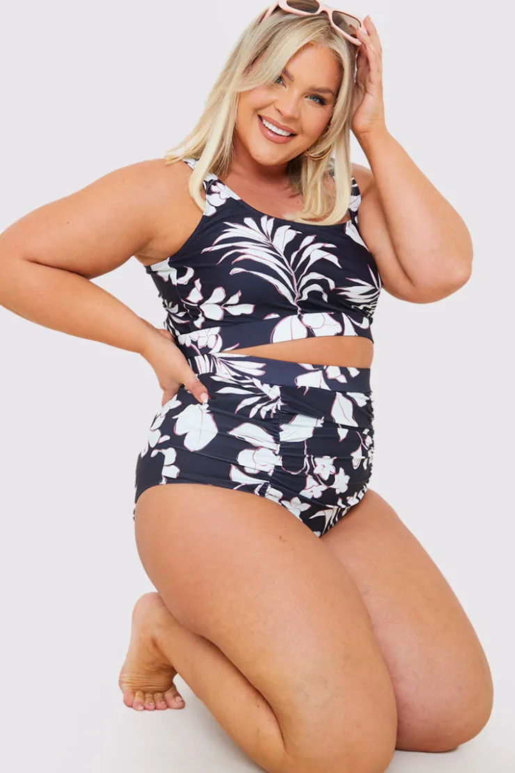 In the Style Control Floral Print Ruched High Waisted Bottoms Black