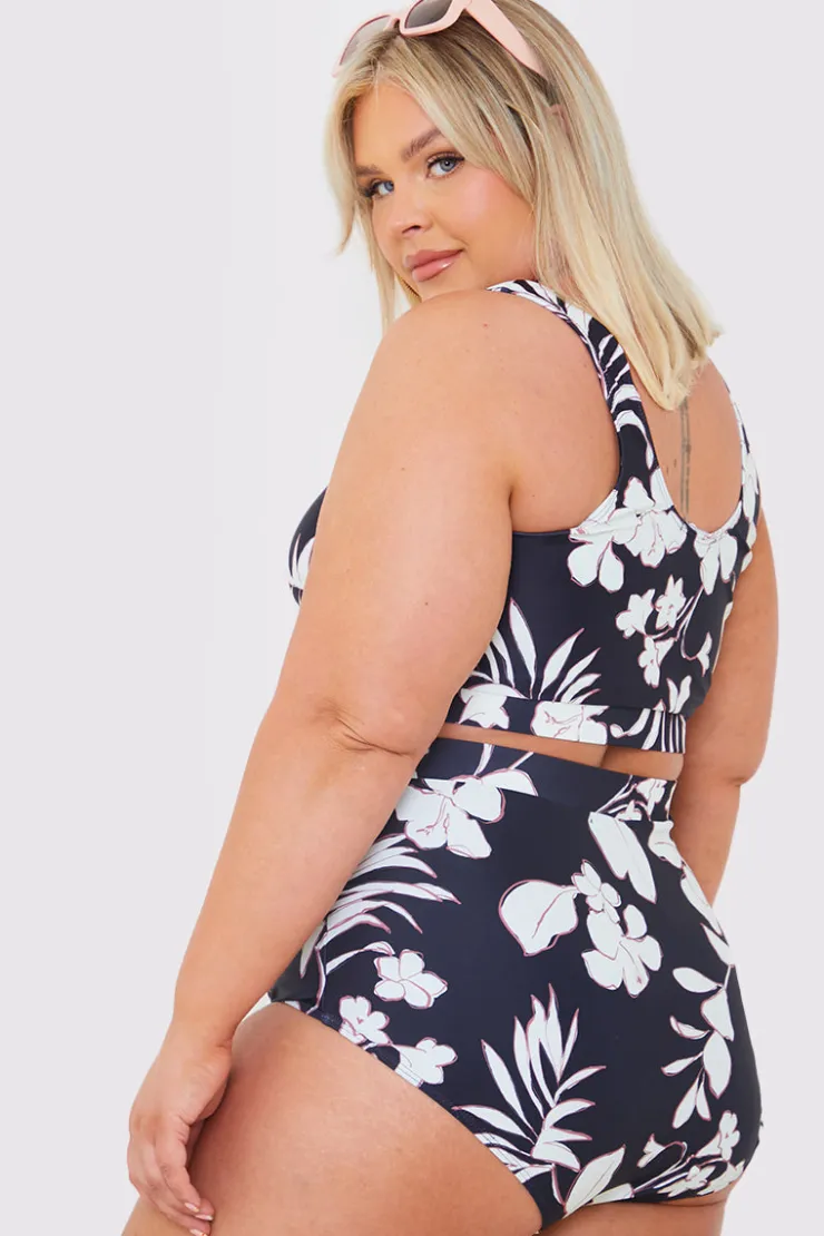 In the Style Control Floral Print Ruched High Waisted Bottoms Black