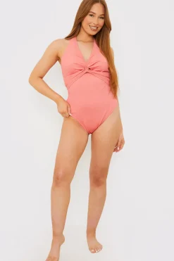 In the Style Control Fuller Support Crinkle Halter Twist Front Swimsuit Pink