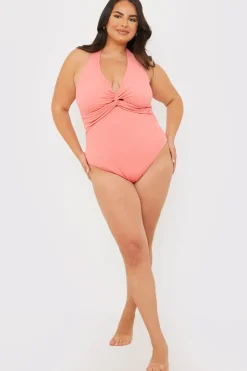 In the Style Control Fuller Support Crinkle Halter Twist Front Swimsuit Pink