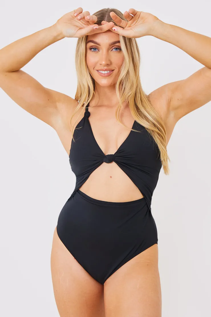 New In the Style Control Knot Detail Cut Out Swimsuit Black