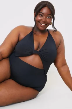 New In the Style Control Knot Detail Cut Out Swimsuit Black