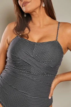 New In The Style Control Micro Polka Dot Ruched Cross Over Detail Swimsuit Black