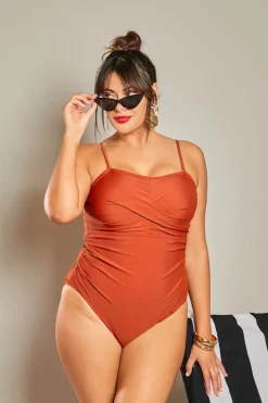 Sale In The Style Control Ruched Crossover Detail Swimsuit Rust