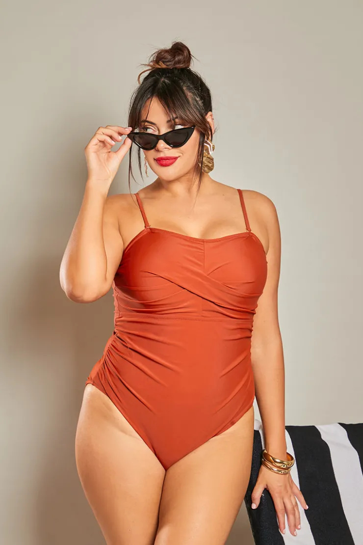 Sale In The Style Control Ruched Crossover Detail Swimsuit Rust
