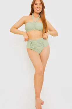 Discount In the Style Control Ruched Detail High Waisted Bikini Bottom Sage