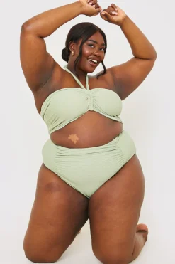 Discount In the Style Control Ruched Detail High Waisted Bikini Bottom Sage