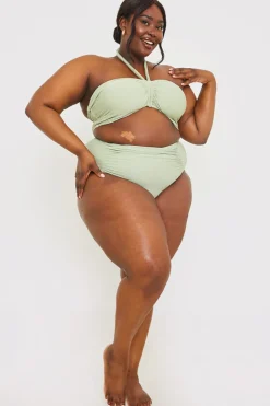 Discount In the Style Control Ruched Detail High Waisted Bikini Bottom Sage