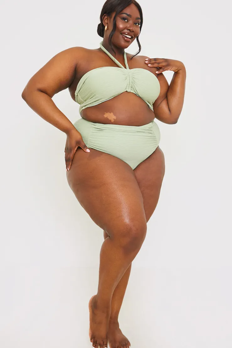 Discount In the Style Control Ruched Detail High Waisted Bikini Bottom Sage