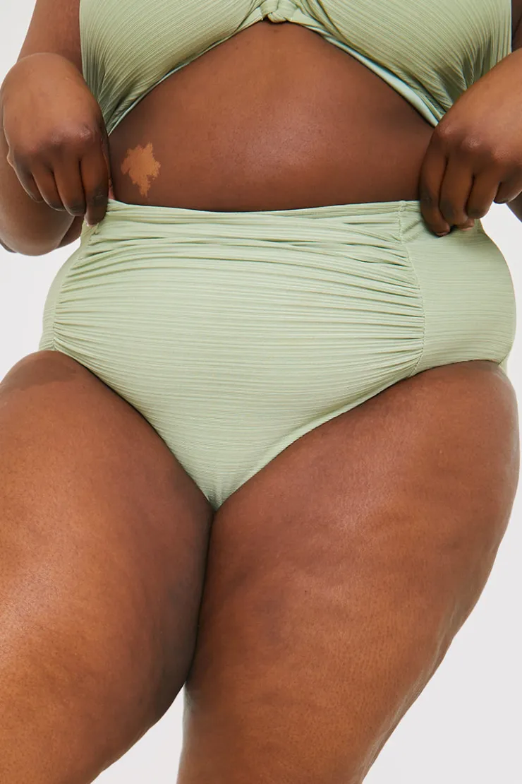 Discount In the Style Control Ruched Detail High Waisted Bikini Bottom Sage