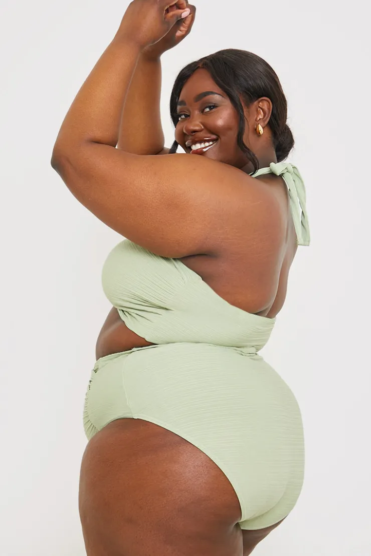 Discount In the Style Control Ruched Detail High Waisted Bikini Bottom Sage