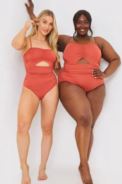 New In the Style Control Ruched Front Cut Out Swimsuit Rust