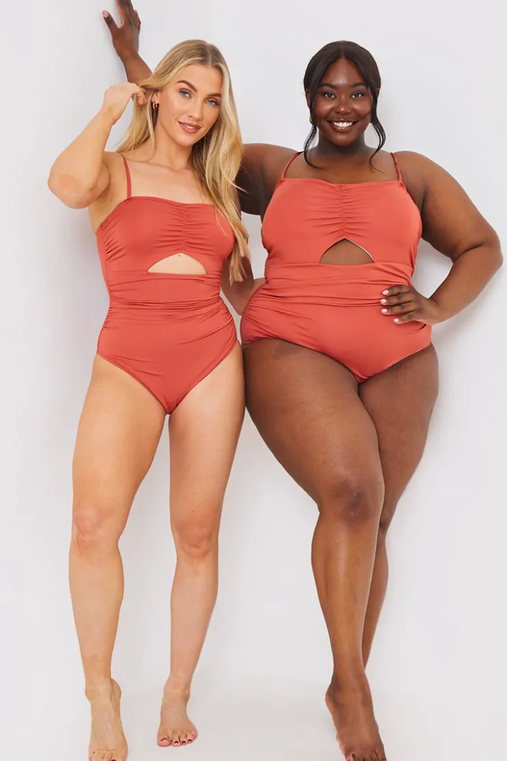 New In the Style Control Ruched Front Cut Out Swimsuit Rust