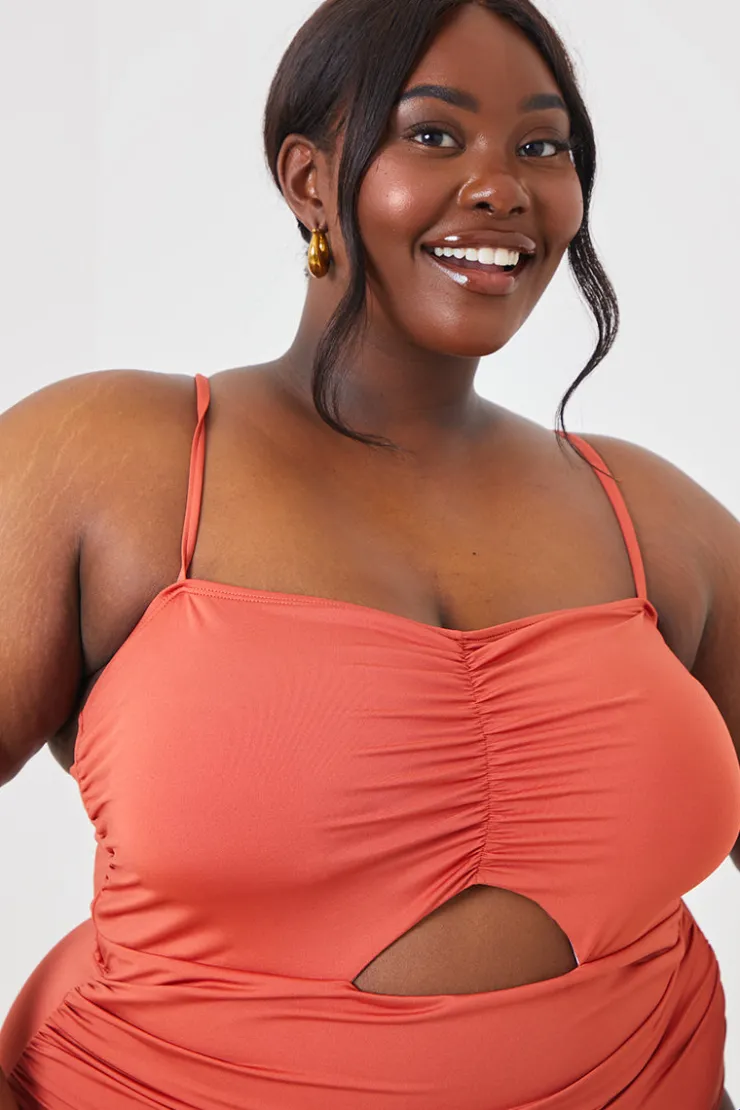 New In the Style Control Ruched Front Cut Out Swimsuit Rust