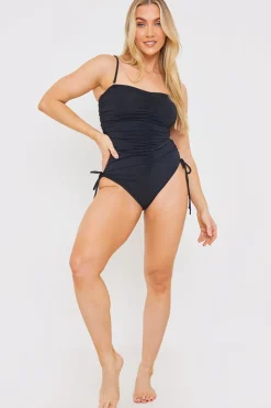 Outlet In the Style Control Ruched Tie Side Swimsuit Black