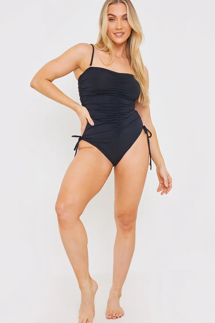 Outlet In the Style Control Ruched Tie Side Swimsuit Black