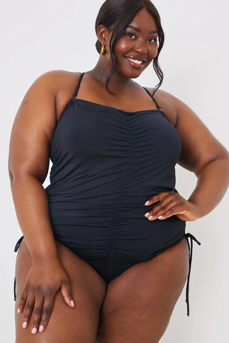 Outlet In the Style Control Ruched Tie Side Swimsuit Black