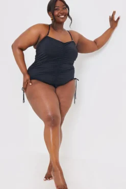 Outlet In the Style Control Ruched Tie Side Swimsuit Black