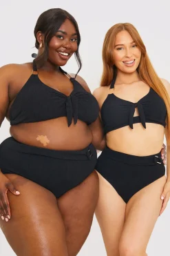 Best In the Style Control Textured Gold Bar Detail High Waisted Bikini Bottom Black