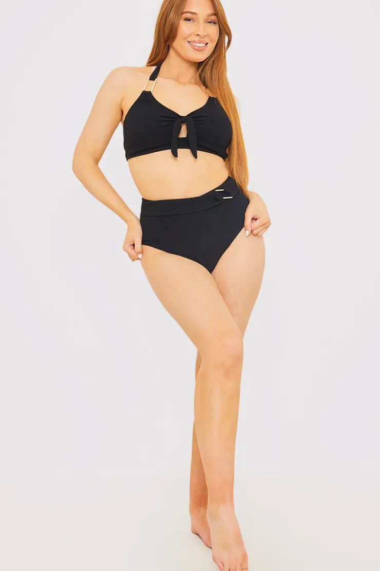 Best In the Style Control Textured Gold Bar Detail High Waisted Bikini Bottom Black