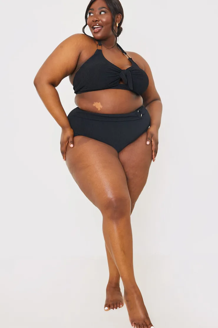 Best In the Style Control Textured Gold Bar Detail High Waisted Bikini Bottom Black