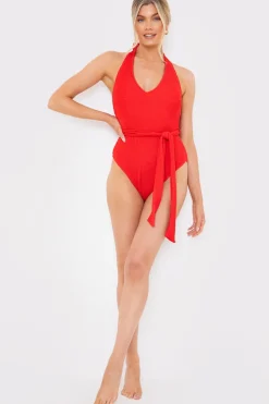 New In the Style Control Textu Halter Neck Belted Swimsuit Red