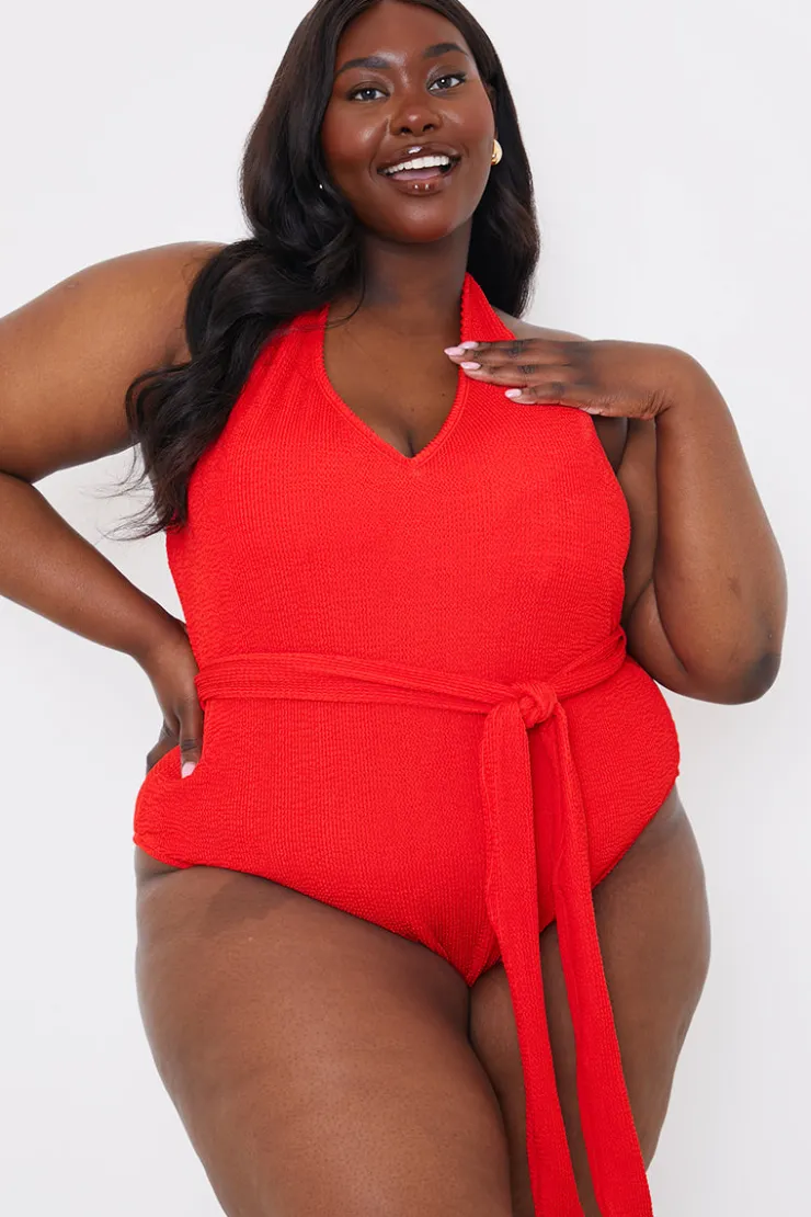 New In the Style Control Textu Halter Neck Belted Swimsuit Red