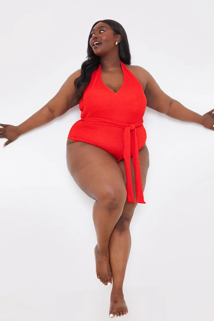 New In the Style Control Textu Halter Neck Belted Swimsuit Red