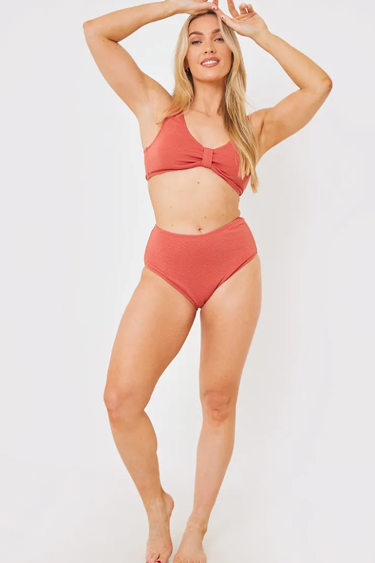 Hot In the Style Control Textured High Waist Bikini Bottoms Rust