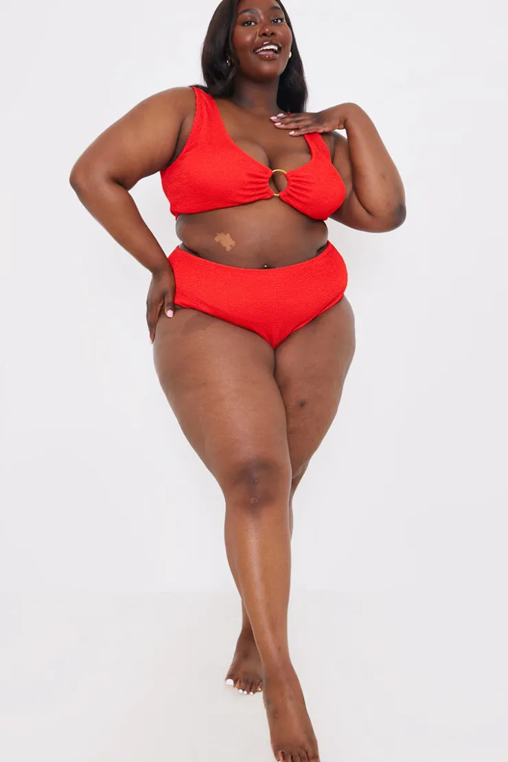 Best In the Style Control Textu High Waist Bikini Bottoms Red
