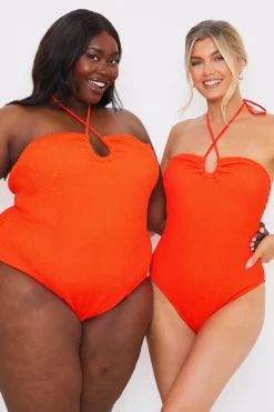 Clearance In the Style Control Textured Keyhole Front Halter Neck Swimsuit Orange