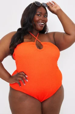 Clearance In the Style Control Textured Keyhole Front Halter Neck Swimsuit Orange