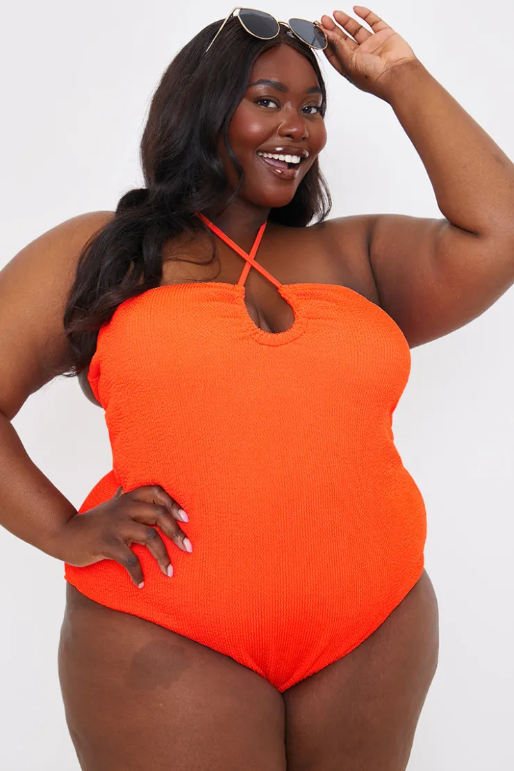 Clearance In the Style Control Textured Keyhole Front Halter Neck Swimsuit Orange