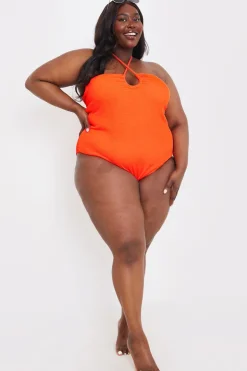 Clearance In the Style Control Textured Keyhole Front Halter Neck Swimsuit Orange