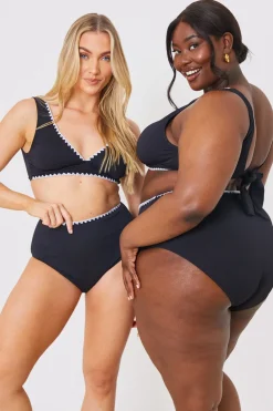 Discount In the Style Control Whipstitch Trim High Waist Bikini Bottoms Black