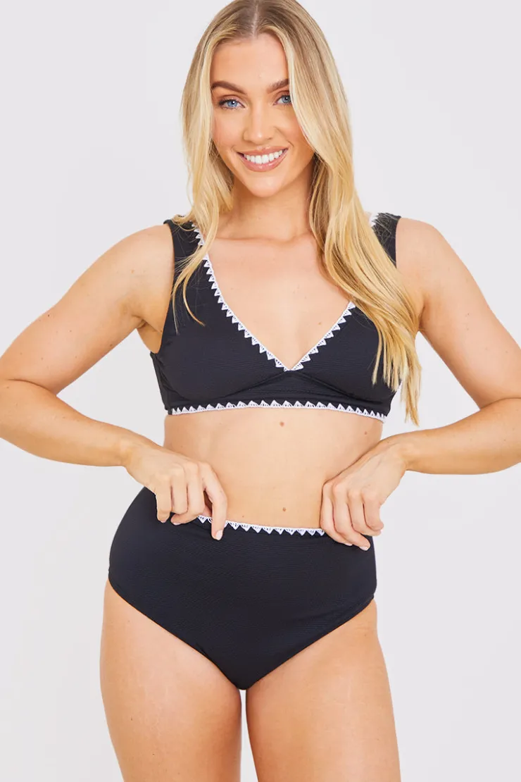 Discount In the Style Control Whipstitch Trim High Waist Bikini Bottoms Black