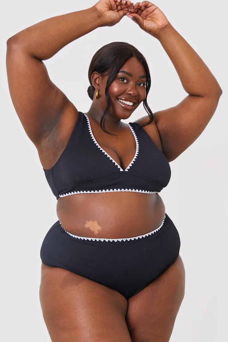 Discount In the Style Control Whipstitch Trim High Waist Bikini Bottoms Black