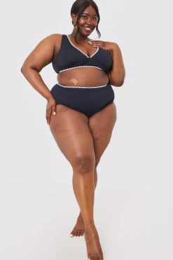 Discount In the Style Control Whipstitch Trim High Waist Bikini Bottoms Black