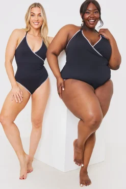 In the Style Control Whipstitch Trim Wrap Front Swimsuit Black
