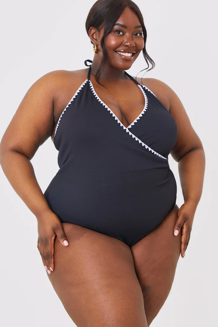 In the Style Control Whipstitch Trim Wrap Front Swimsuit Black
