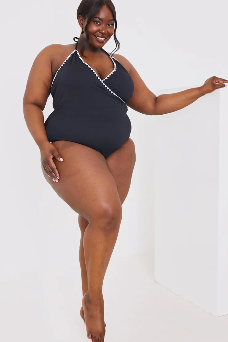 In the Style Control Whipstitch Trim Wrap Front Swimsuit Black