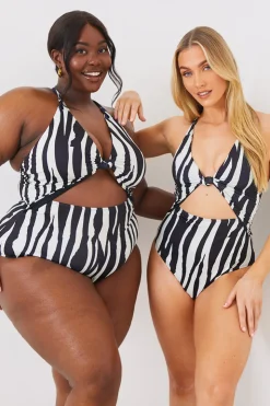 Best In the Style Control Zebra Print Knot Detail Cut Out Swimsuit White