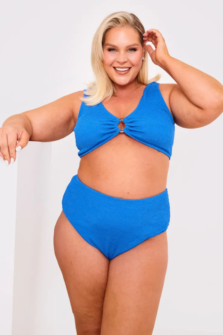 Sale Billie Faiers Controlled Textured Crinkle High Leg Bikini Bottoms Blue