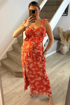 In The Style Floral Print Chiffon Frill Detail Maxi Dress Coral